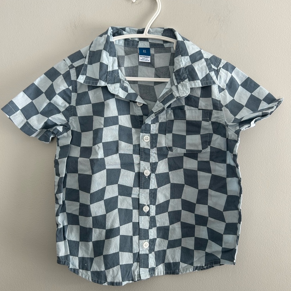 Old navy 4t blue wavy Checkered button up short sleeve Shirt